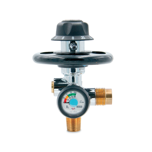 Compact medical gas cylinder valve with integrated pressure regulator and flow selector - RM200 Light